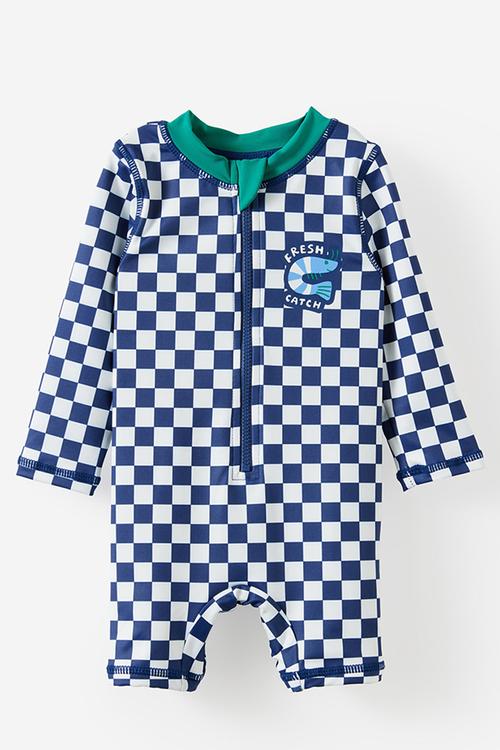 Baby Long Sleeve All In One Swimsuit - Denim Navy/Checkerboard Fresh Catch