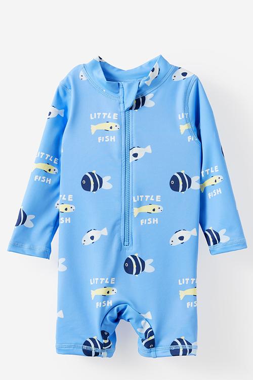Baby Long Sleeve All In One Swimsuit - Blue Bonet/Little Fish