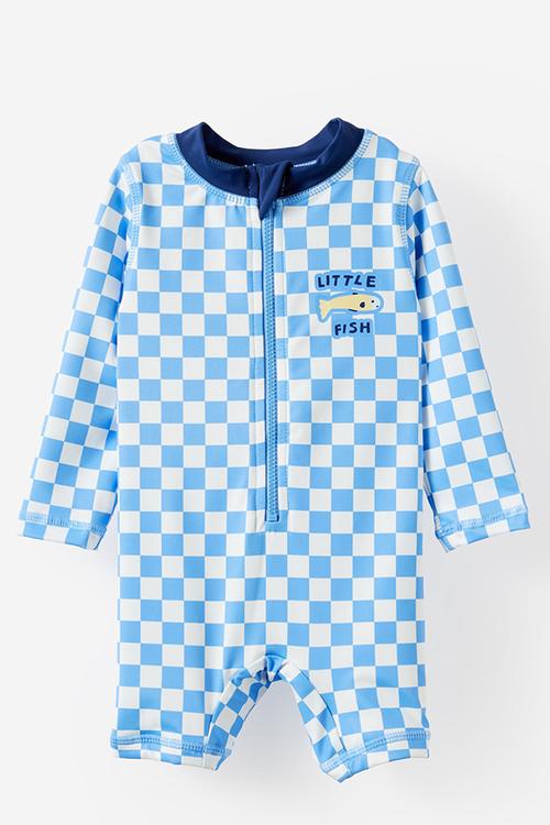 Baby Long Sleeve All In One Swimsuit - Blue Bonet/Checkerboard Little Fish