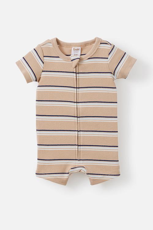 Growie Short Sleeve Zip Romper - Latte Cream/Max Stripe