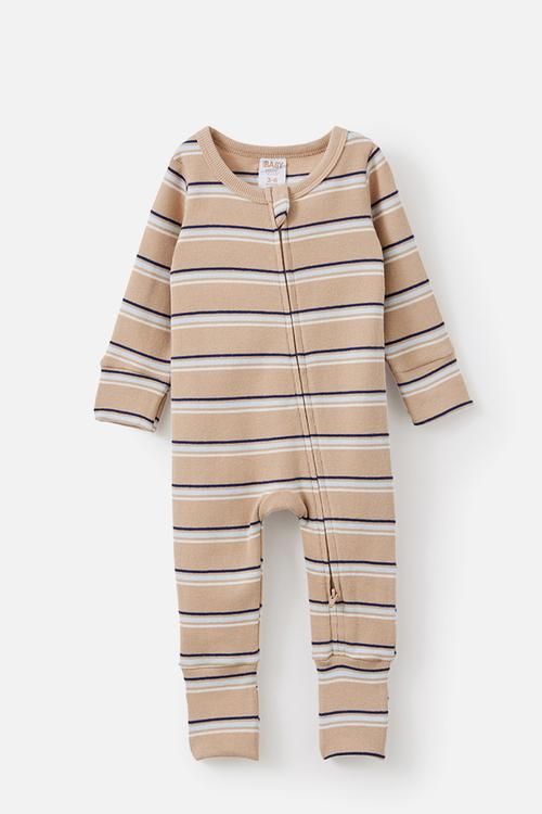 Growie Long Sleeve Zip Romper - Latte Cream/Max Stripe