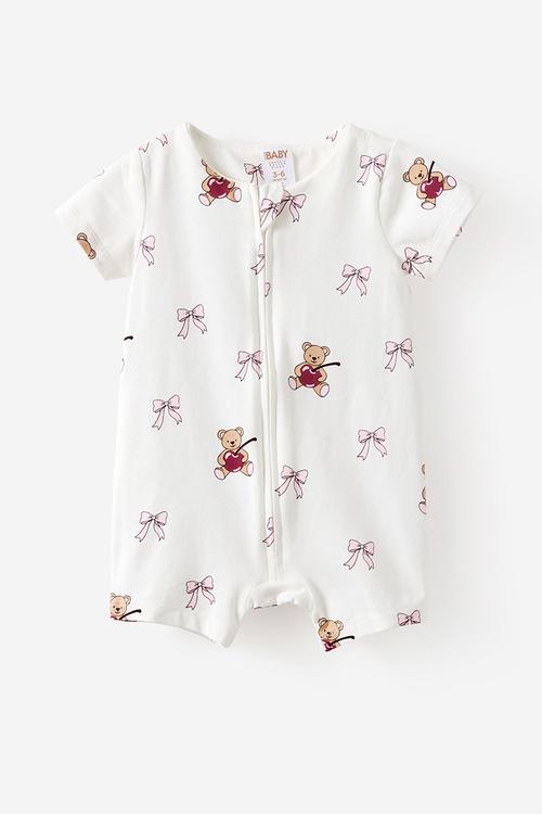 Growie Short Sleeve Zip Romper - Vanilla/Cherry-Bow Bear