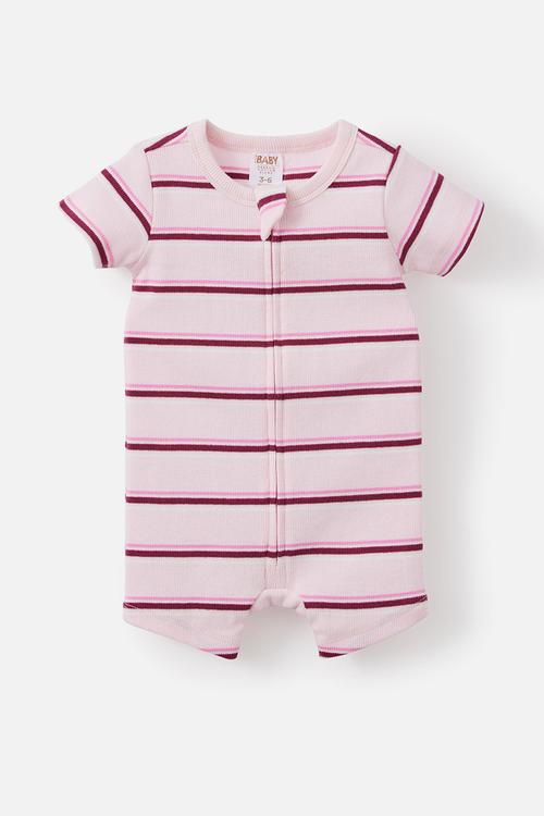 Growie Short Sleeve Zip Romper - Tea Party Pink/Max Stripe