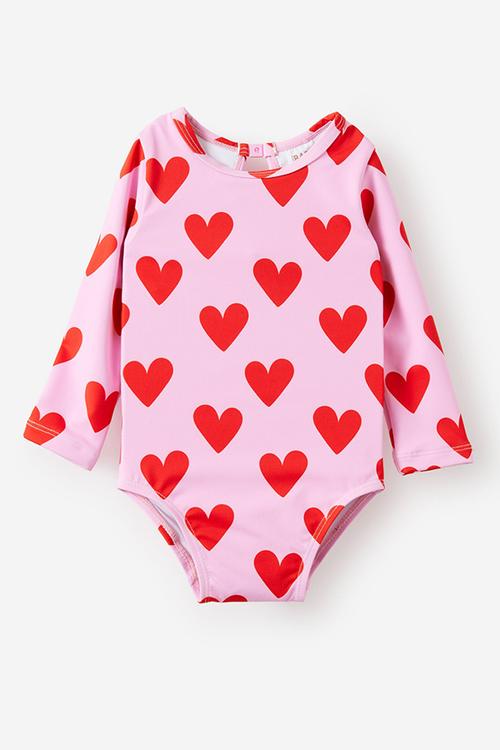 Baby Long Sleeve Keyhole Back Swimsuit - Strawberry Milk/Hearts