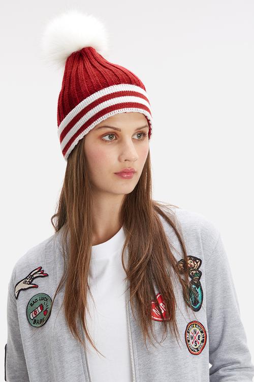 Stripe pom pom beanie