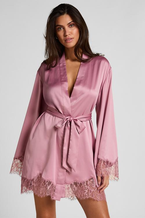 Kimono satin lace valerie robe - lilas