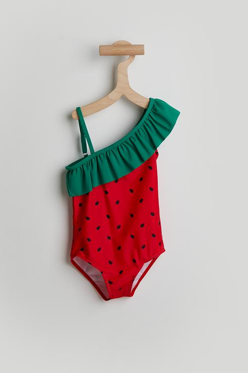 One shoulder swimsuit - red & green