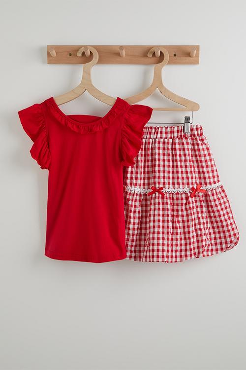 Flutter sleeve top and circular skirt - red/red gingham