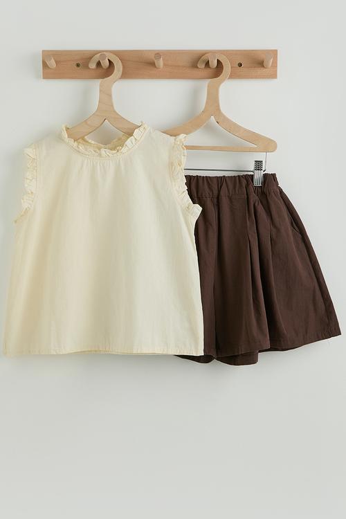 Frill blouse and bubble shorts - cream/choc