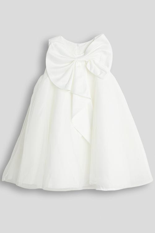 Large front bow satin dress - white