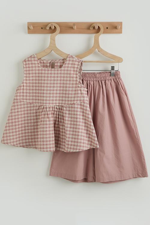 Gingham peplum top & shorts - pink