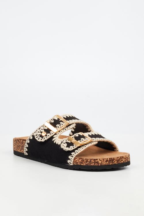 Qork 17 embroidered double buckle cork sandal - black