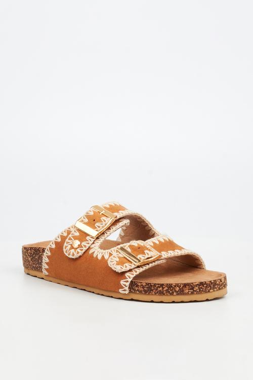 Qork 17 embroidered double buckle cork sandal - camel