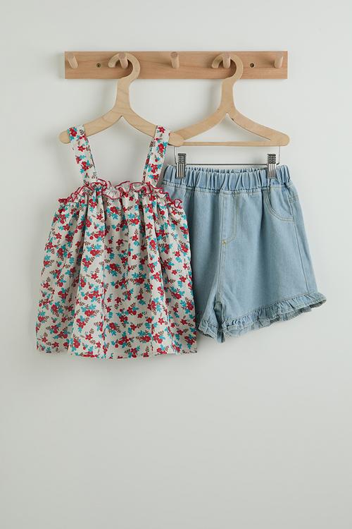 Floral camisole top and ruffle denim shorts - multi 