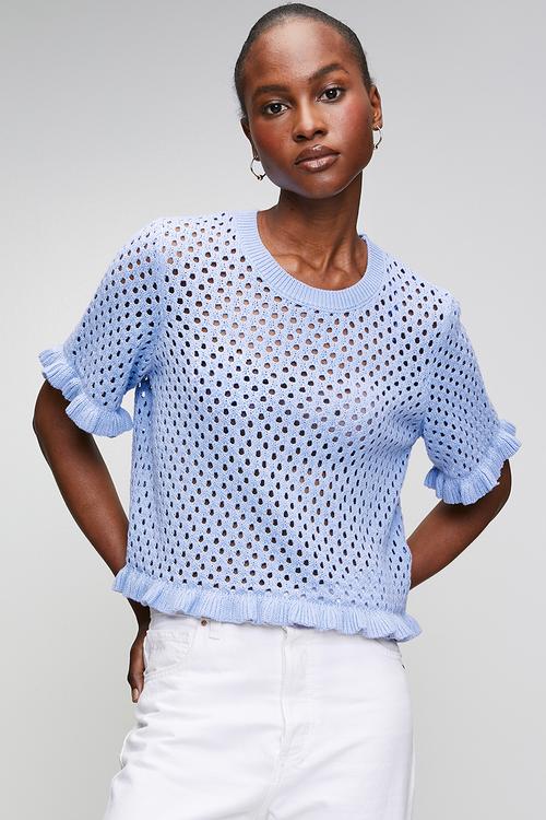 Crew Neck, Mesh T-Shirt Knit With Frill Detail To Cuff And Hem - Blue