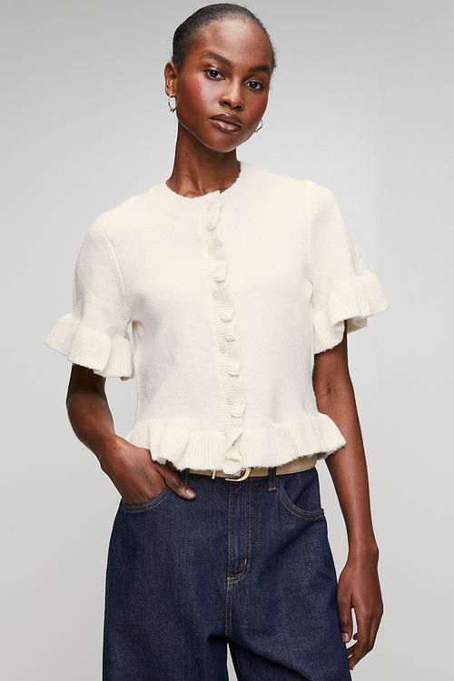 Ladies Crew Neck Short Sleeve Cardi With Frill Detail At Hem And Cuff - Oatmeal