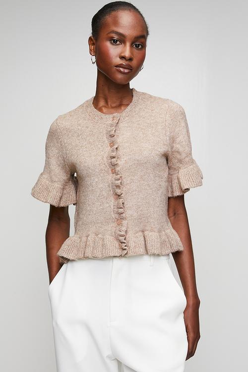 Ladies Crew Neck Short Sleeve Cardi With Frill Detail At Hem And Cuff - Mink