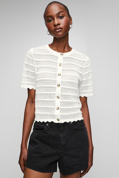 Ladies Button Through Cardigan With All Over Stitch Repeat - White