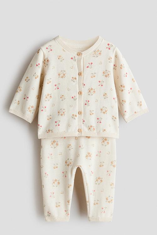 2-Piece fine-knit set - light beige/floral
