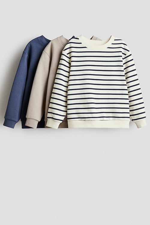 3-pack brushed-inside sweatshirts - dusty blue/striped