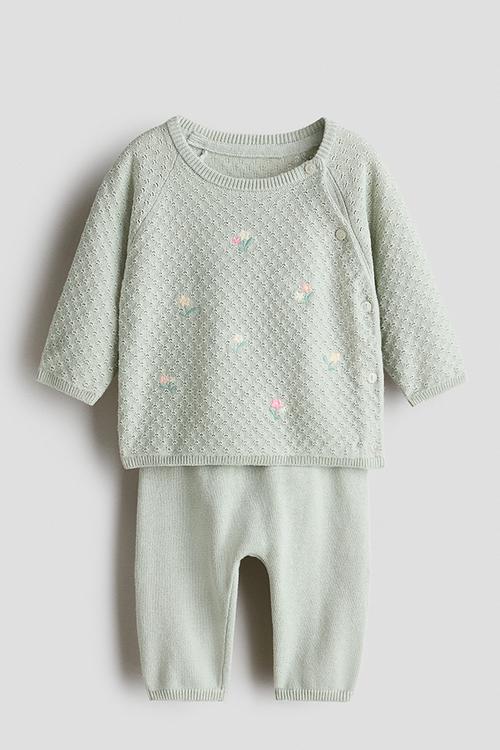 2-Piece cotton-knit set - light dusty green/flowers
