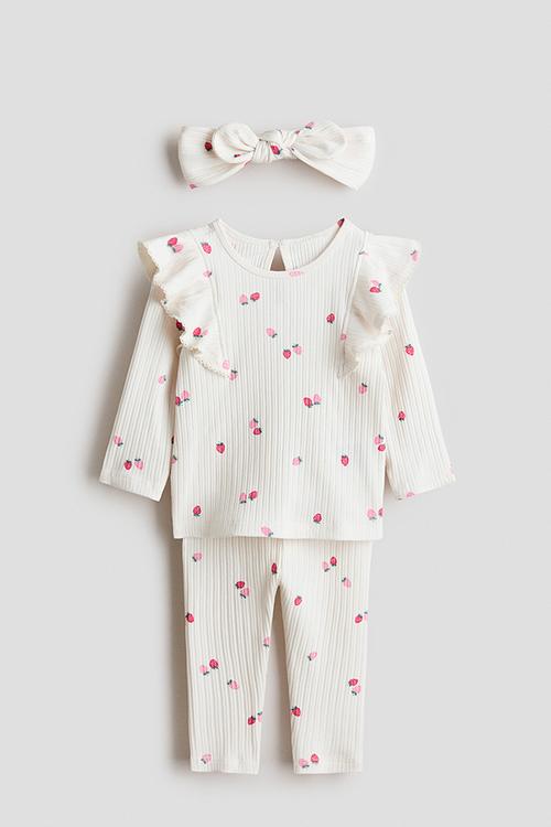 3-piece printed cotton set - white/strawberries
