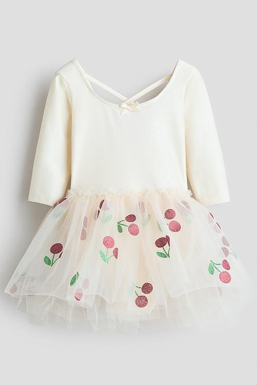 Dance leotard with tulle skirt - cream/cherries