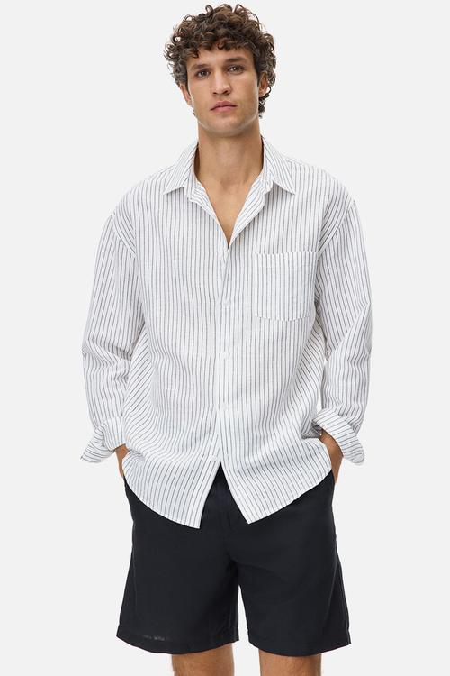 Regular fit linen-blend shorts - black