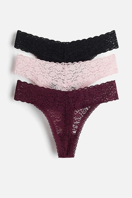 3-pack lace thong briefs - burgundy/light pink/black