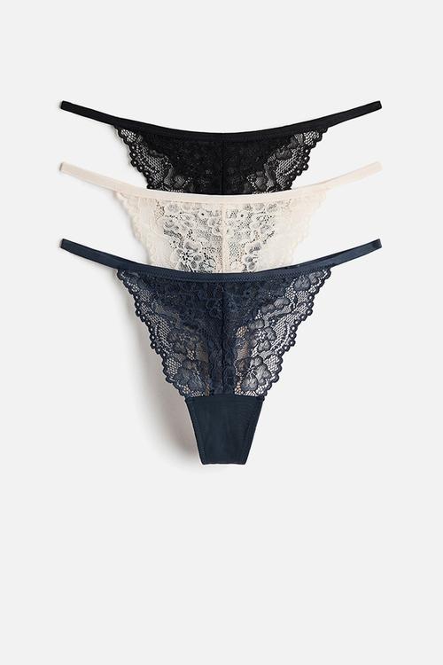 3-pack lace tanga thong briefs - navy blue/cream/black