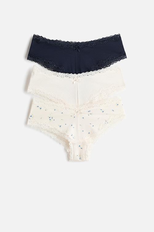 3-Pack cotton and lace hipster briefs - navy blue/cream/floral