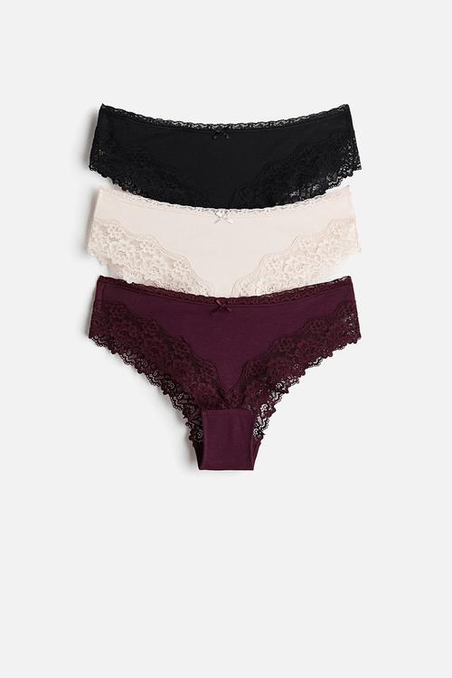 3-Pack cotton and lace hipster briefs - burgundy/cream/black