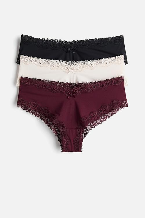 3-Pack microfibre and lace hipster briefs - burgundy/black/cream