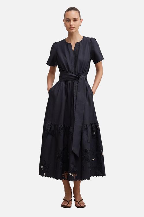 Matilda embroidered tie midi dress in navy