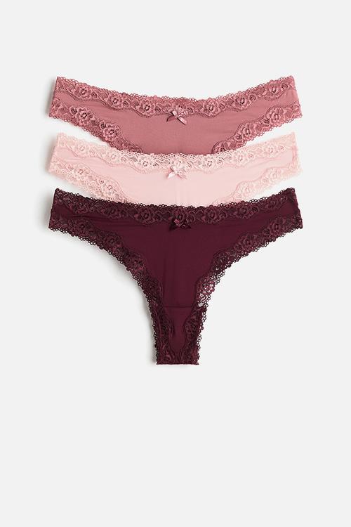 3-pack microfibre and lace brazilian briefs - burgundy/dusty pink/light pink