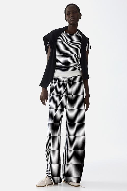 Ribbed drawstring trousers - navy blue/striped