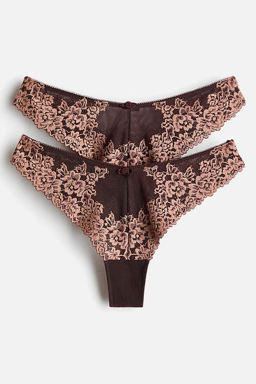 2 Pack lace brazilian briefs - dark brown/old rose