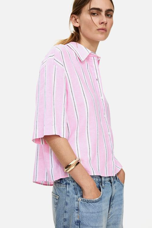 Oversized linen-blend shirt - light pink/striped