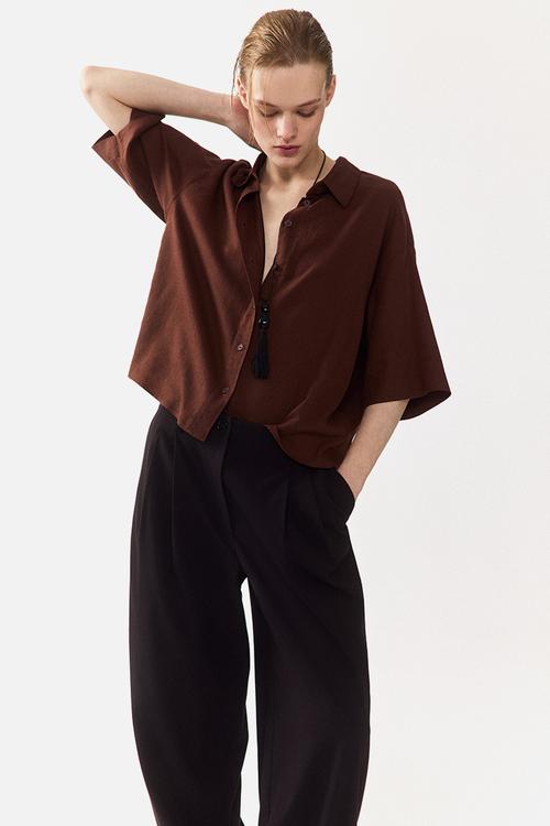 Oversized linen-blend shirt - brown