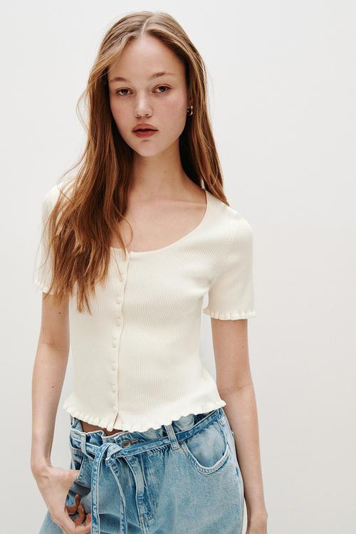 Short-sleeved rib-knit cardigan - cream