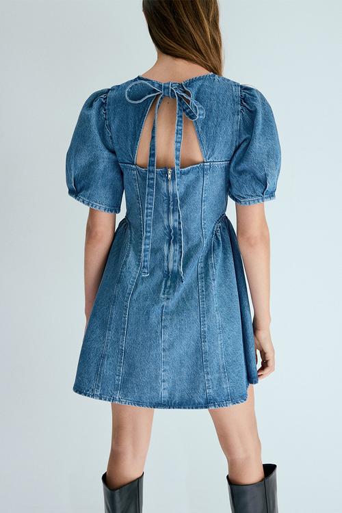Flared-skirt denim dress - denim blue