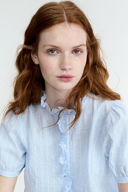 Frill-trimmed cotton blouse - light blue/striped