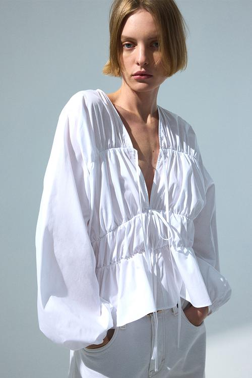 Drawstring poplin blouse - white