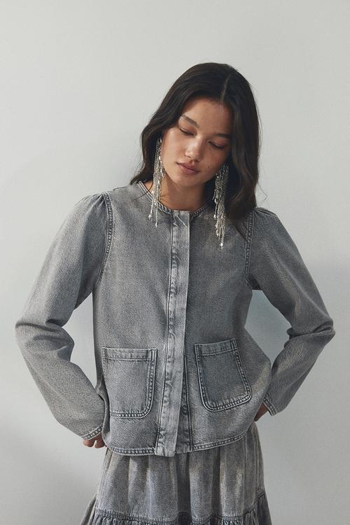 Puff-sleeved denim jacket - washed grey