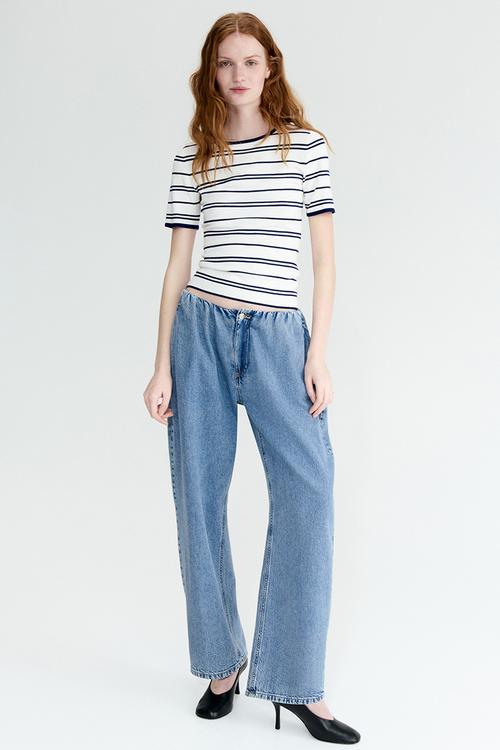 Fine-knit t-shirt - white/blue striped