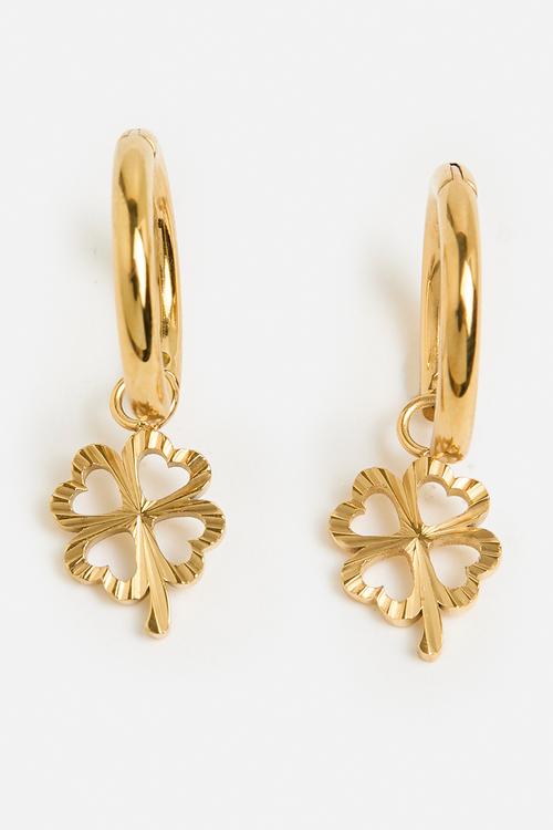 Lucky Clover Dangle Hoop Earrings - Gold