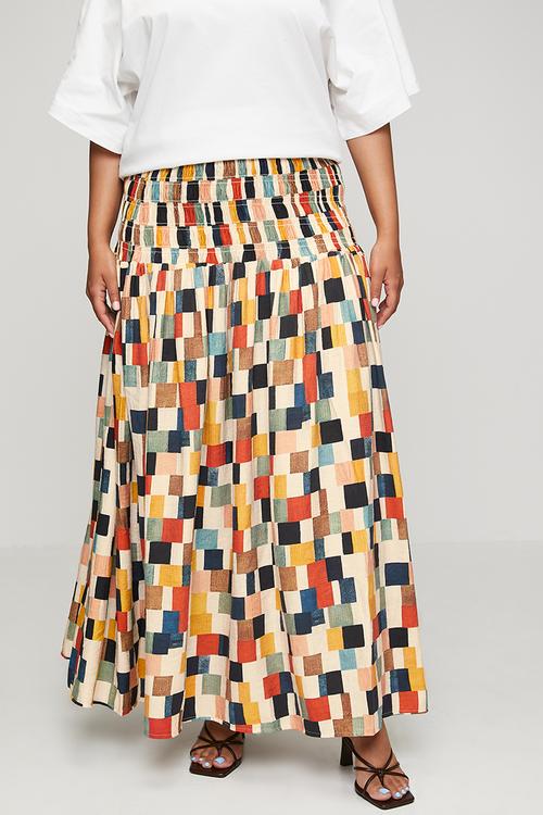 Plus Shirring Basque Maxi Skirt With Pockets - Multicolour
