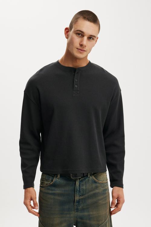 Relaxed Fit Textured Henley Long Sleeve - Washed Black Waffle