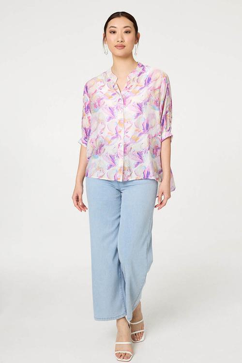 Half Sleeve Batwing Easy Wearing Printed Sheer Blouse With Back Button Stand Detail - Pink
