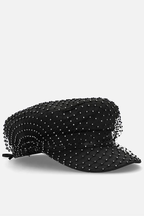 Lourdes Rhinestone Encrusted Baker Boy Hat - Black